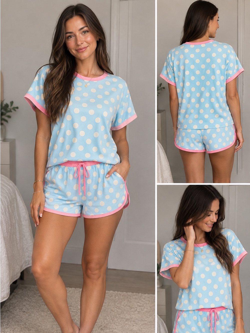 Polka Dot Short Sleeve Pajama Set - Light Blue & Pink